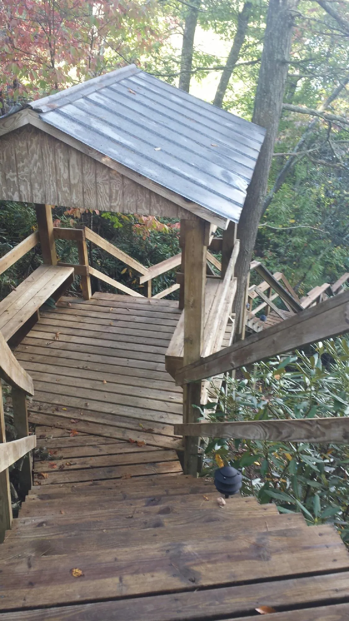 Metal roofed shelter over wooden steps on a wooded walkway — Skylight Repair & Installation work by our crew in Mabelvale